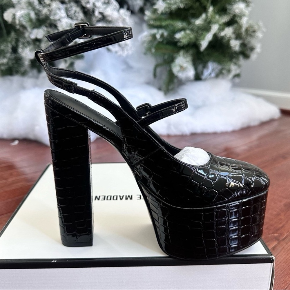 NEW Steve Madden Scotlyn Black Croc Heeled Strappy Pump Block Heels - Picture 5 of 11